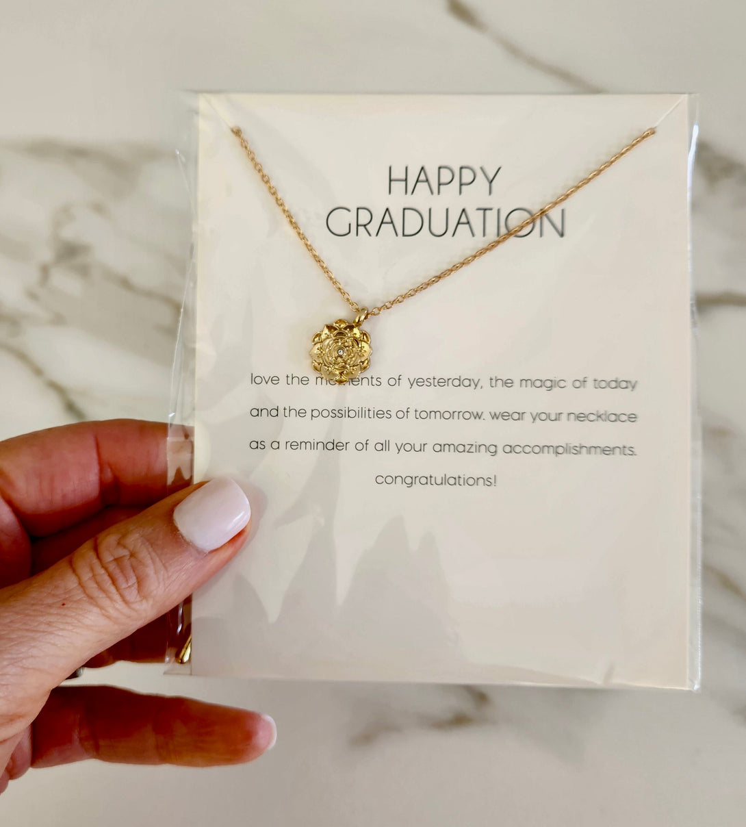 Graduation Gift , Symbolic Flower Pendant Necklace, Message Card Jewellery