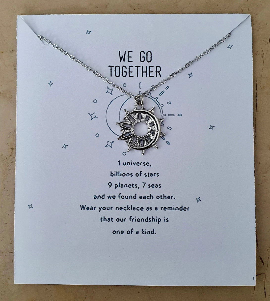 Moon And Sun Friendship Necklace, Symbolic Carded Message Jewellery