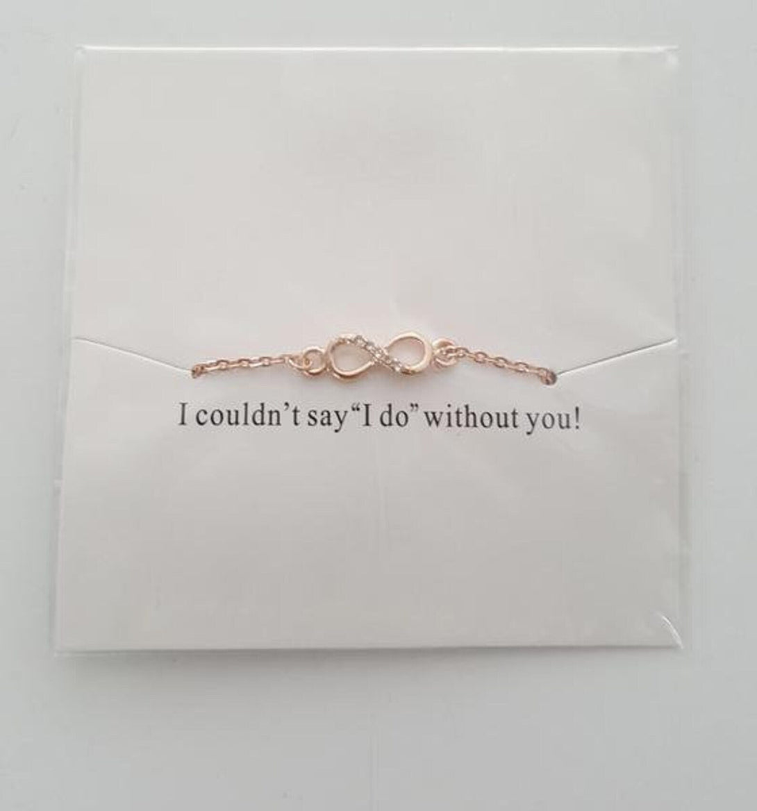 Rose Gold Infinity Bracelet, Bridesmaid's Gift with or without Zircons, Symbolic Wedding Day Keepsake with Carded Message