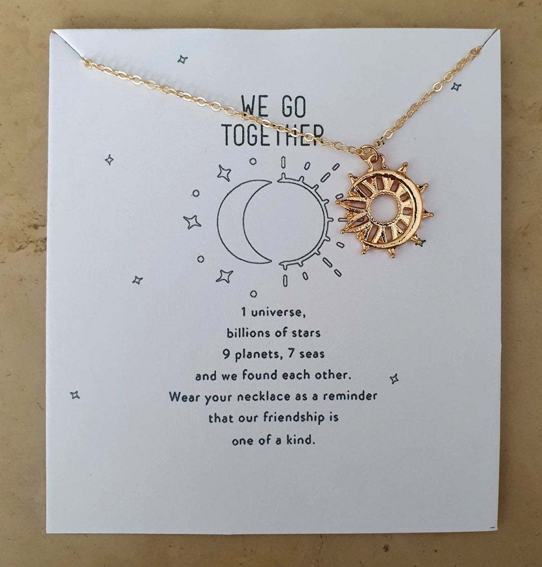 Moon And Sun Friendship Necklace, Symbolic Carded Message Jewellery