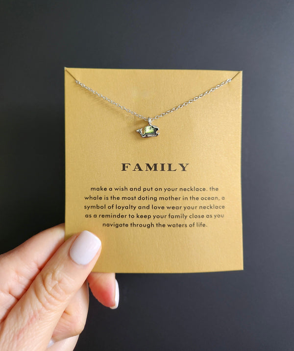 Whale Family Pendant Necklace , Symbolic Sibling Son Daughter Gift, Inspirational Jewellery with Message Card