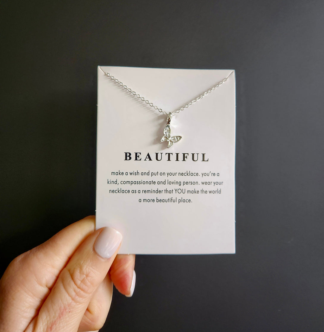 Symbolic Butterfly Pendant Necklace, Inspirational Transformational Gift, Carded Message Jewellery