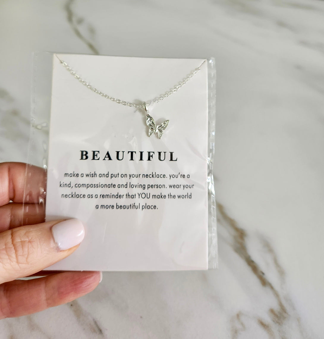 Symbolic Butterfly Pendant Necklace, Inspirational Transformational Gift, Carded Message Jewellery