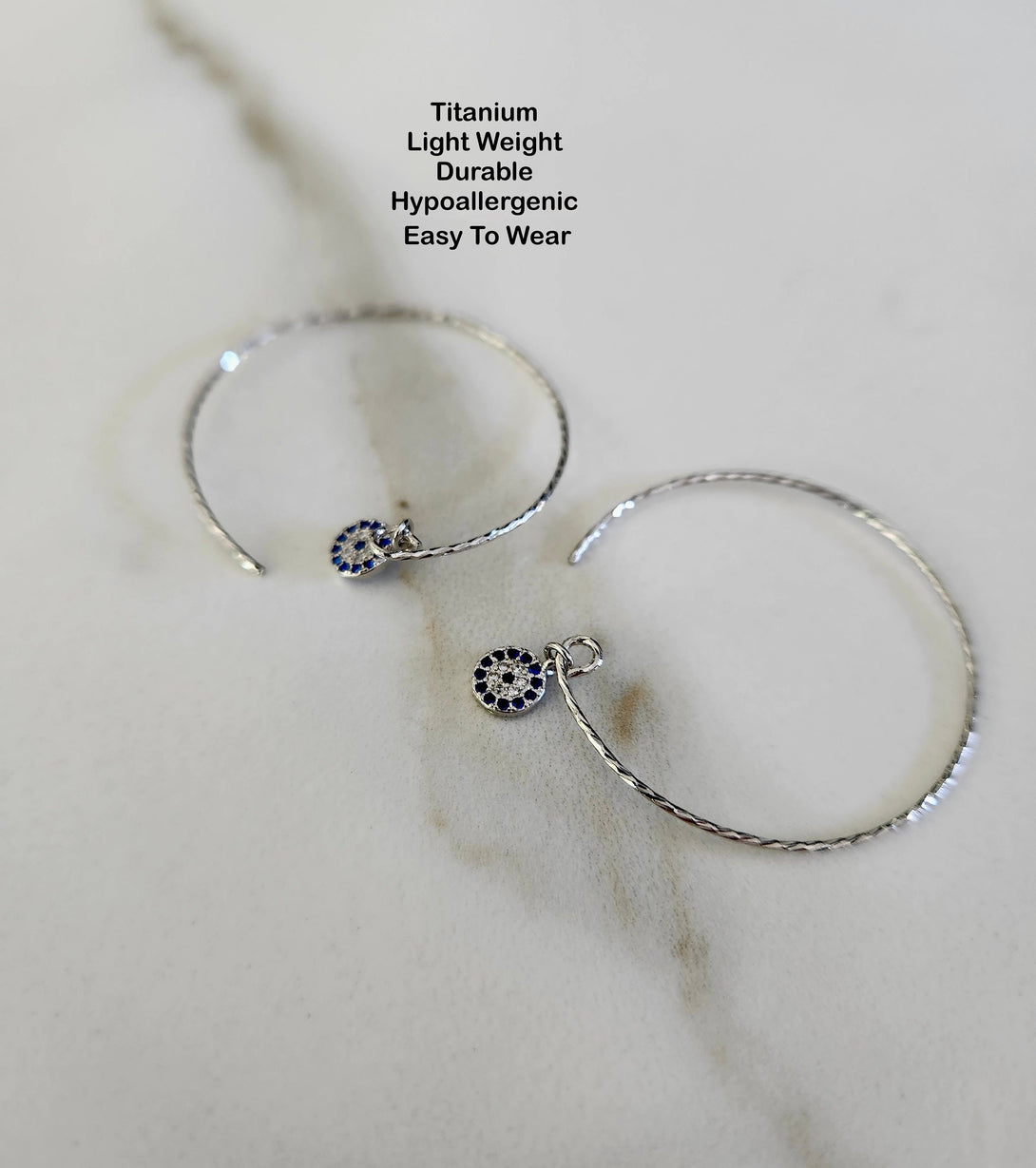 Titanium Evil Eye Charm Hoop Earrings