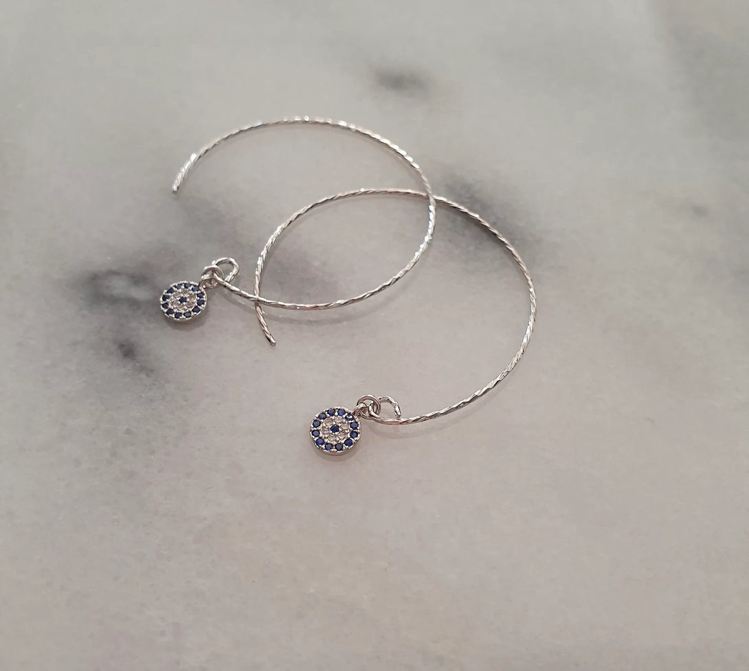 Titanium Evil Eye Charm Hoop Earrings