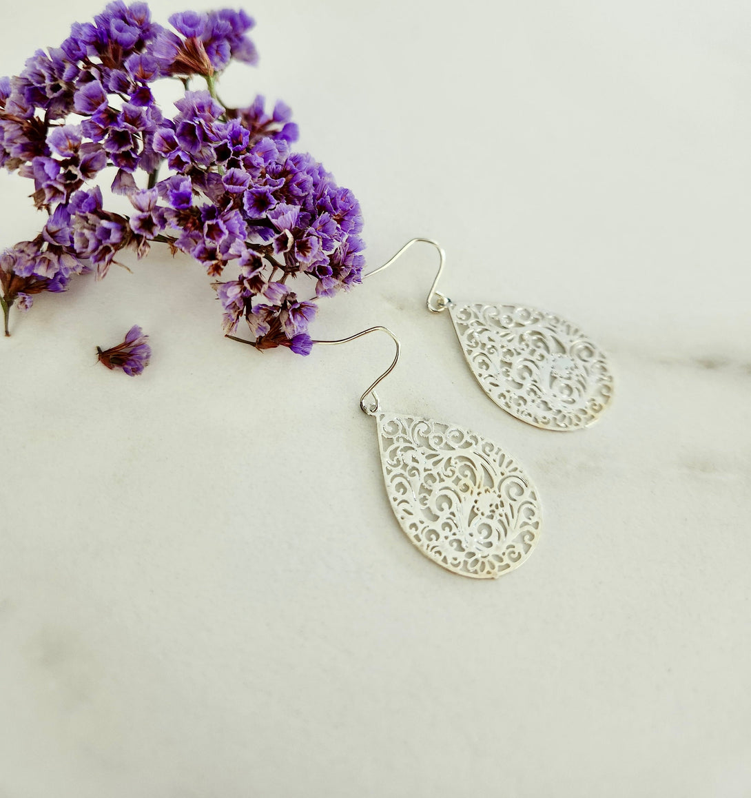 Filigree Floral Drop Earrings, Light, Delicate Hammered Metal