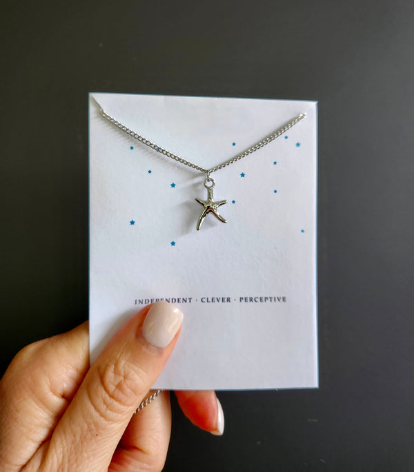 Silver Starfish Pendant Necklace On A Message Card - Independent, Clever, Perceptive