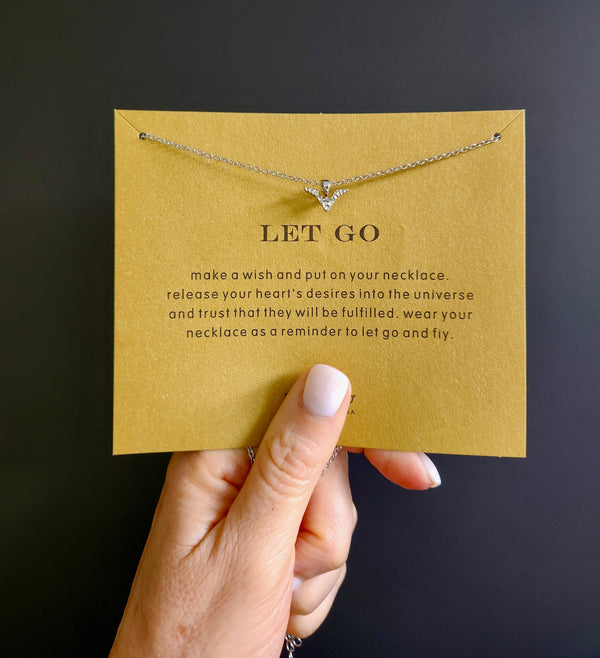 Silver Heart With Angel Wings Pendant Necklace, Inspirational 'Let Go and Fly' Message Card Jewellery Gift