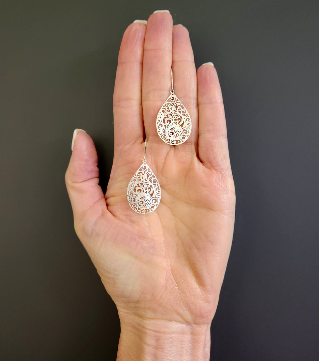 Filigree Floral Drop Earrings, Light, Delicate Hammered Metal