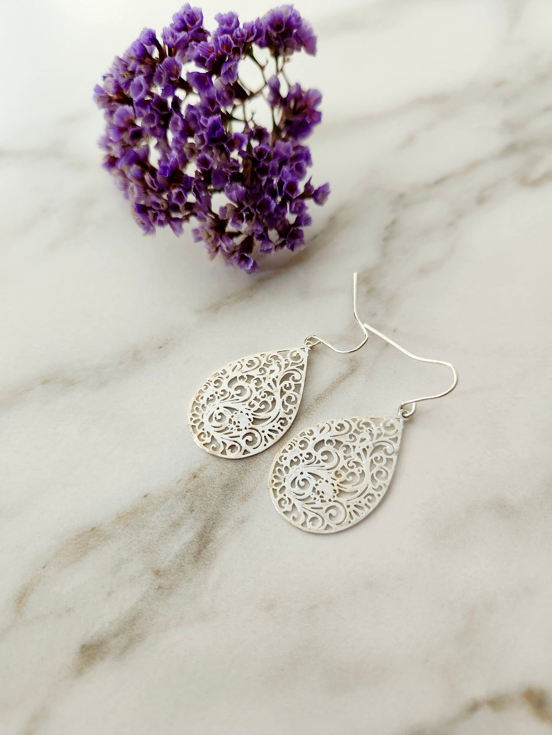 Filigree Floral Drop Earrings, Light, Delicate Hammered Metal