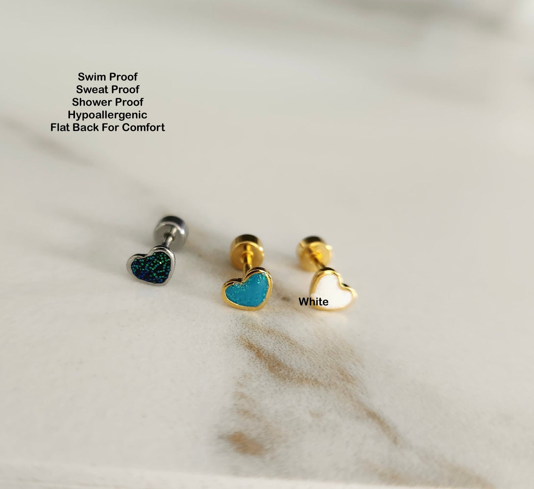 Mini Glitter Heart Screw Back Earrings In Titanium Steel And Enamel