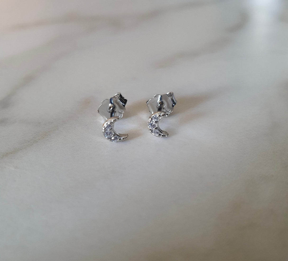 Mini Sterling Silver And CZ Stud Layer Earrings, Crescent Moon, Star Or Bolt, Helix, Cartilage And Body Piercings, PAIR