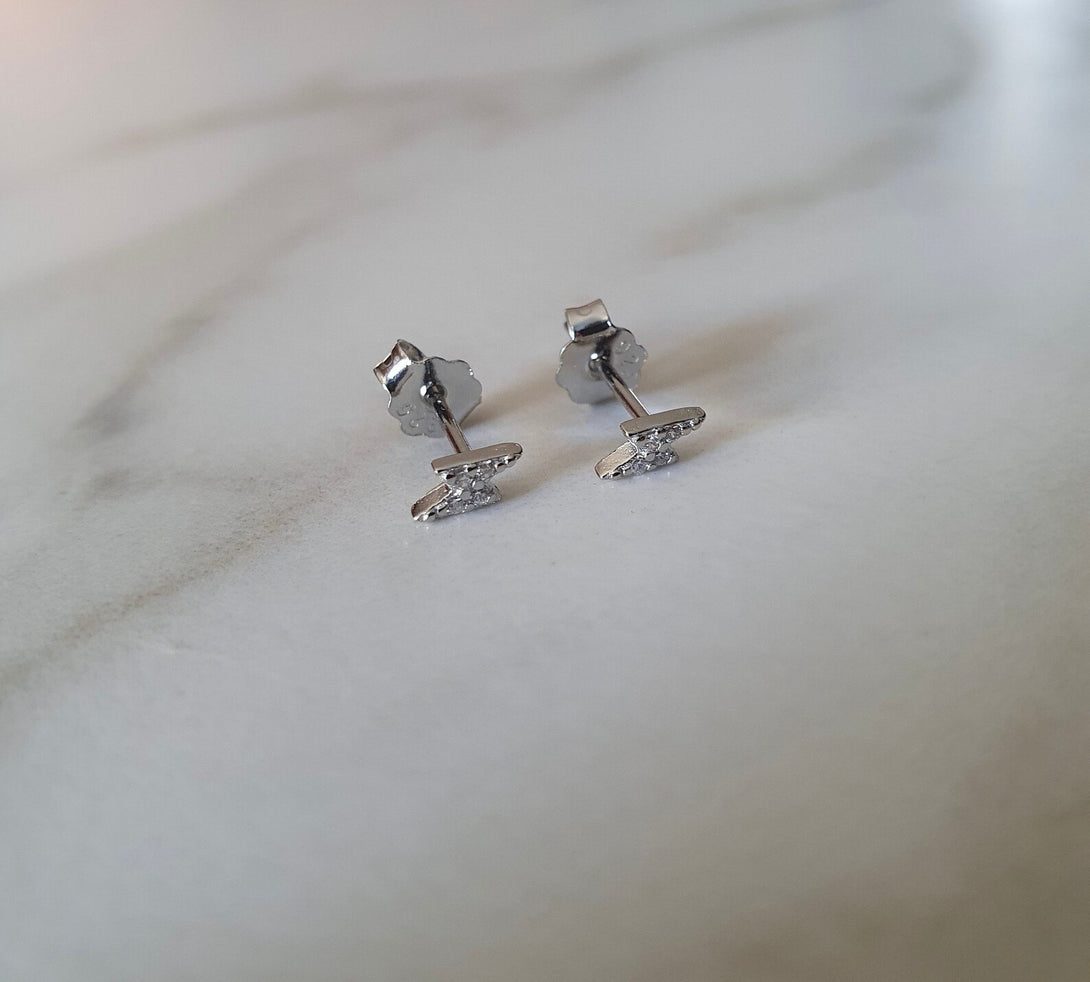 Mini Sterling Silver And CZ Stud Layer Earrings, Crescent Moon, Star Or Bolt, Helix, Cartilage And Body Piercings, PAIR