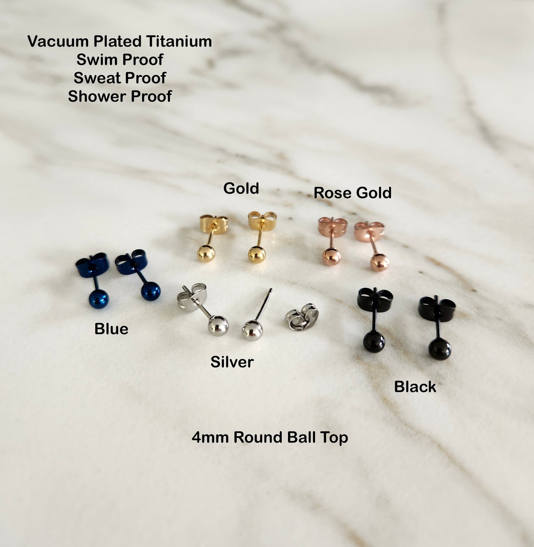 G23 Titanium Stud Earrings In Multiple Colours, Unisex And Hypoallergenic, 4mm