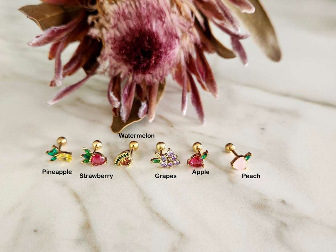 Pair Of Fruit Stud Earrings In Gold Plated Sterling Silver, Cartilage, Helix, Conch, Tragus, Colourful Tutti Frutti Earrings