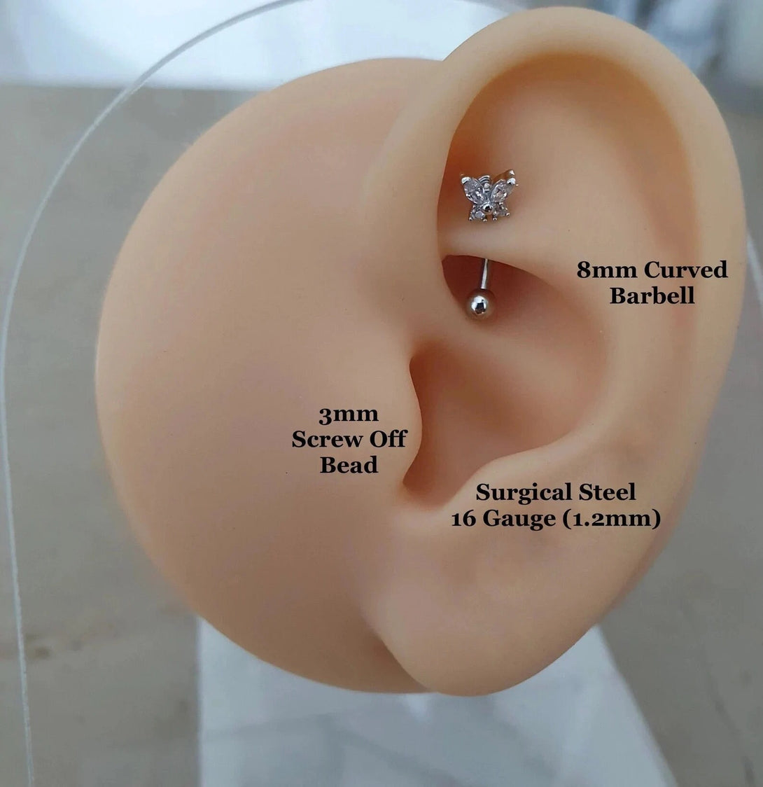 Butterfly Rook, Daith, Eyebrow, Cartilage Piercing In Surgical Steel, Curved Barbell Earring