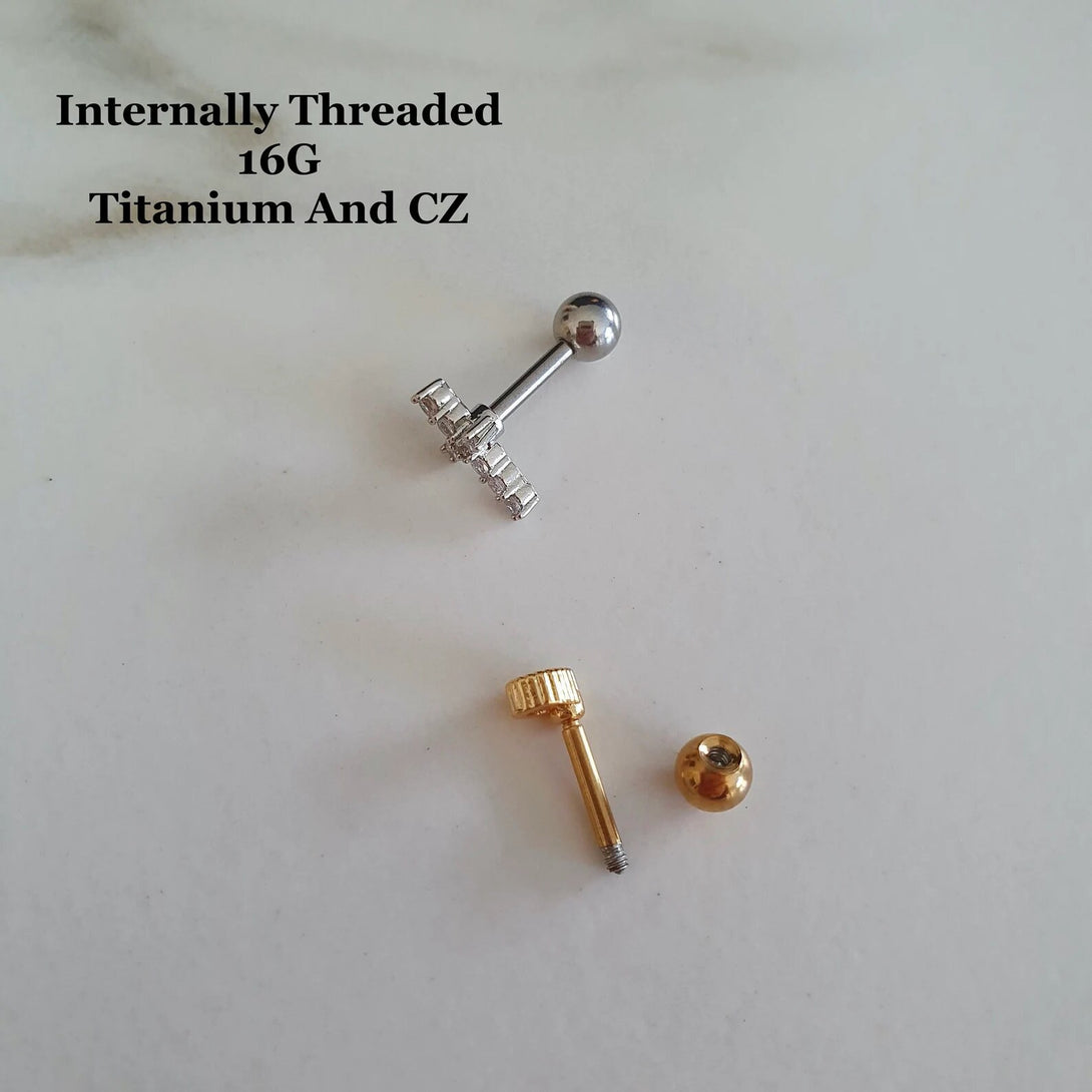 Single Cute Titanium And CZ Helix And Cartilage Screw Back Lobe Studs, Cross, Teardrop Or Heart Shape, 16G