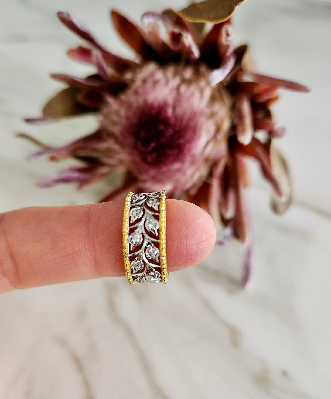 Sterling Silver & Yellow Gold Filigree Eternity Ring with Cubic Zirconia Accents