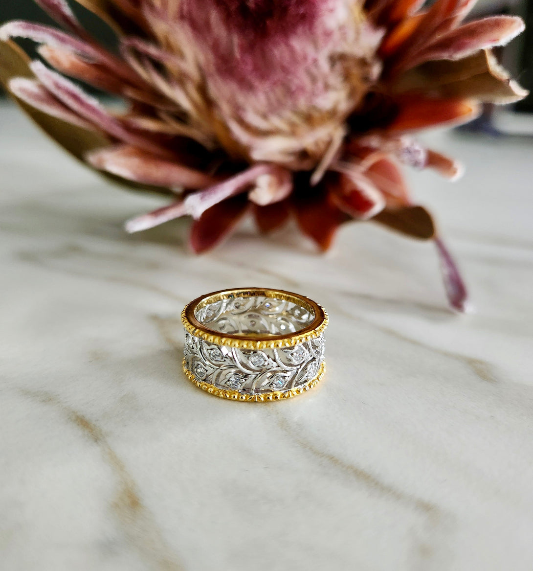 Sterling Silver & Yellow Gold Filigree Eternity Ring with Cubic Zirconia Accents