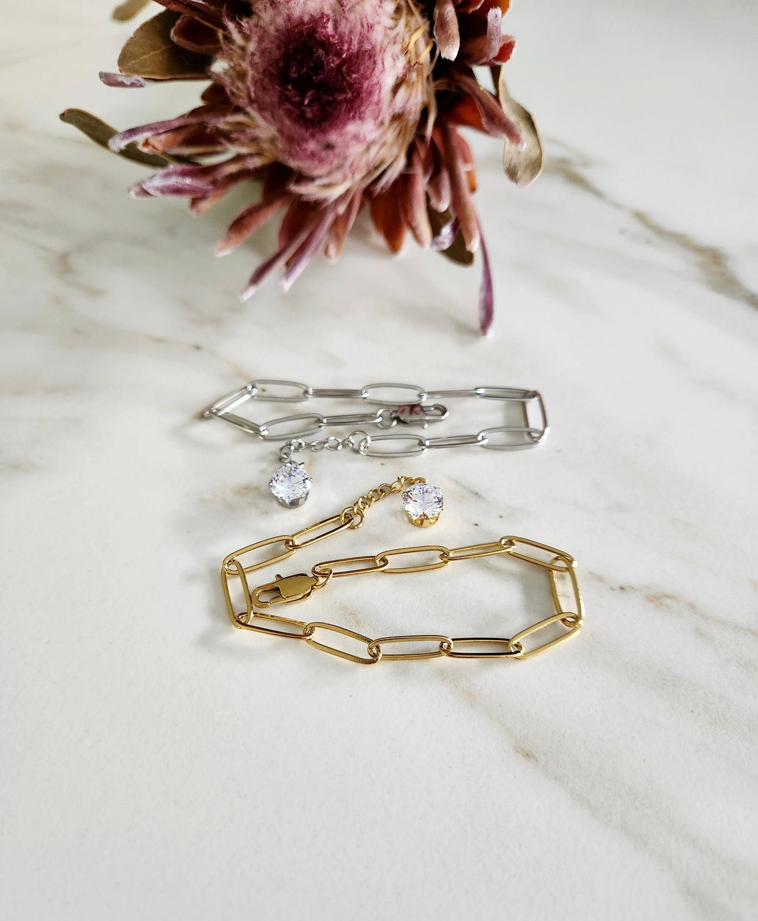 Geometric Paper Clip Link Chain Bracelet | Silver/Gold, CZ Drop Accent | Hypoallergenic Stainless Steel