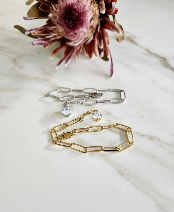 Geometric Paper Clip Link Chain Bracelet | Silver/Gold, CZ Drop Accent | Hypoallergenic Stainless Steel