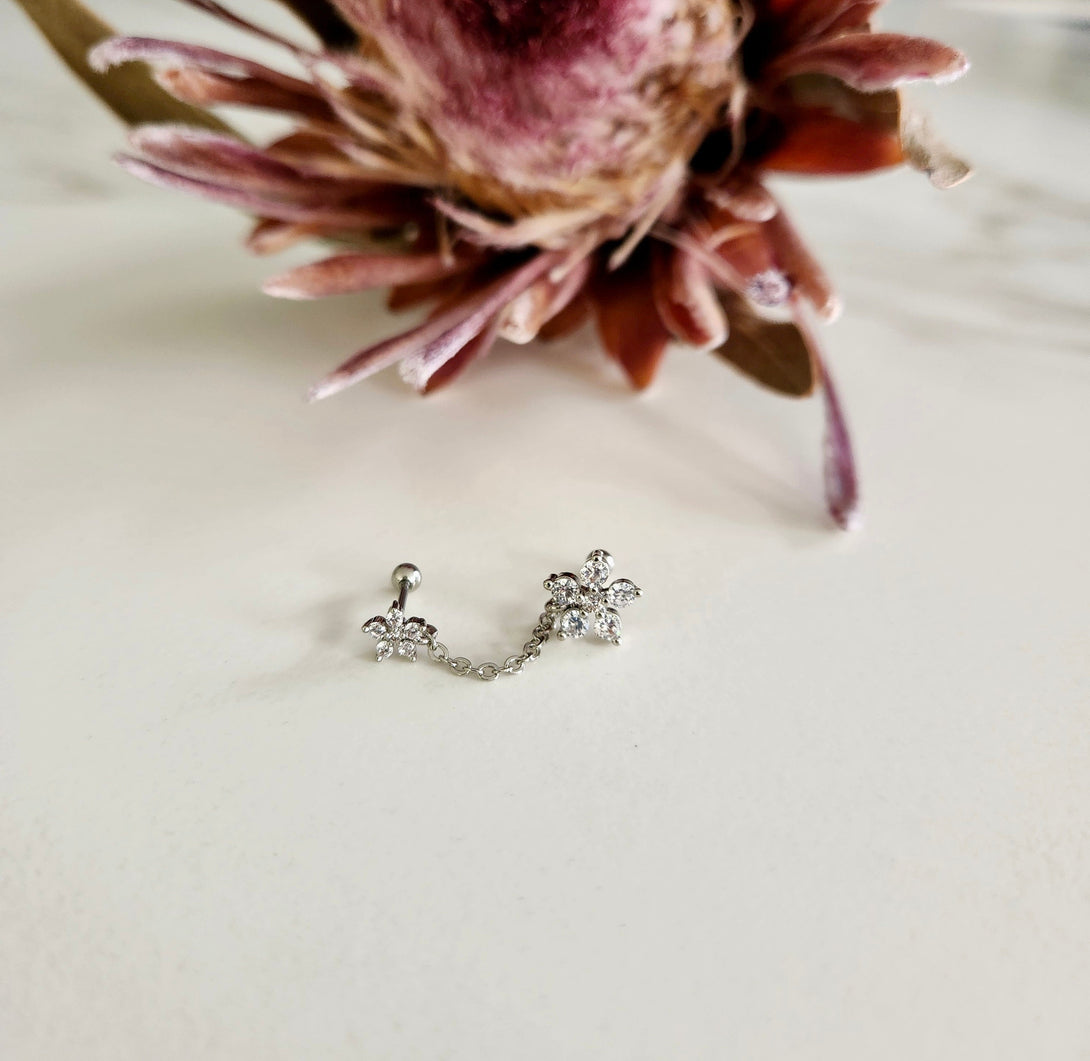 Single Linked Chain Double Daisy, Butterfly Screw Back Stud Earring In Titanium Steel And Zircon, April Birth Flower Jewellery