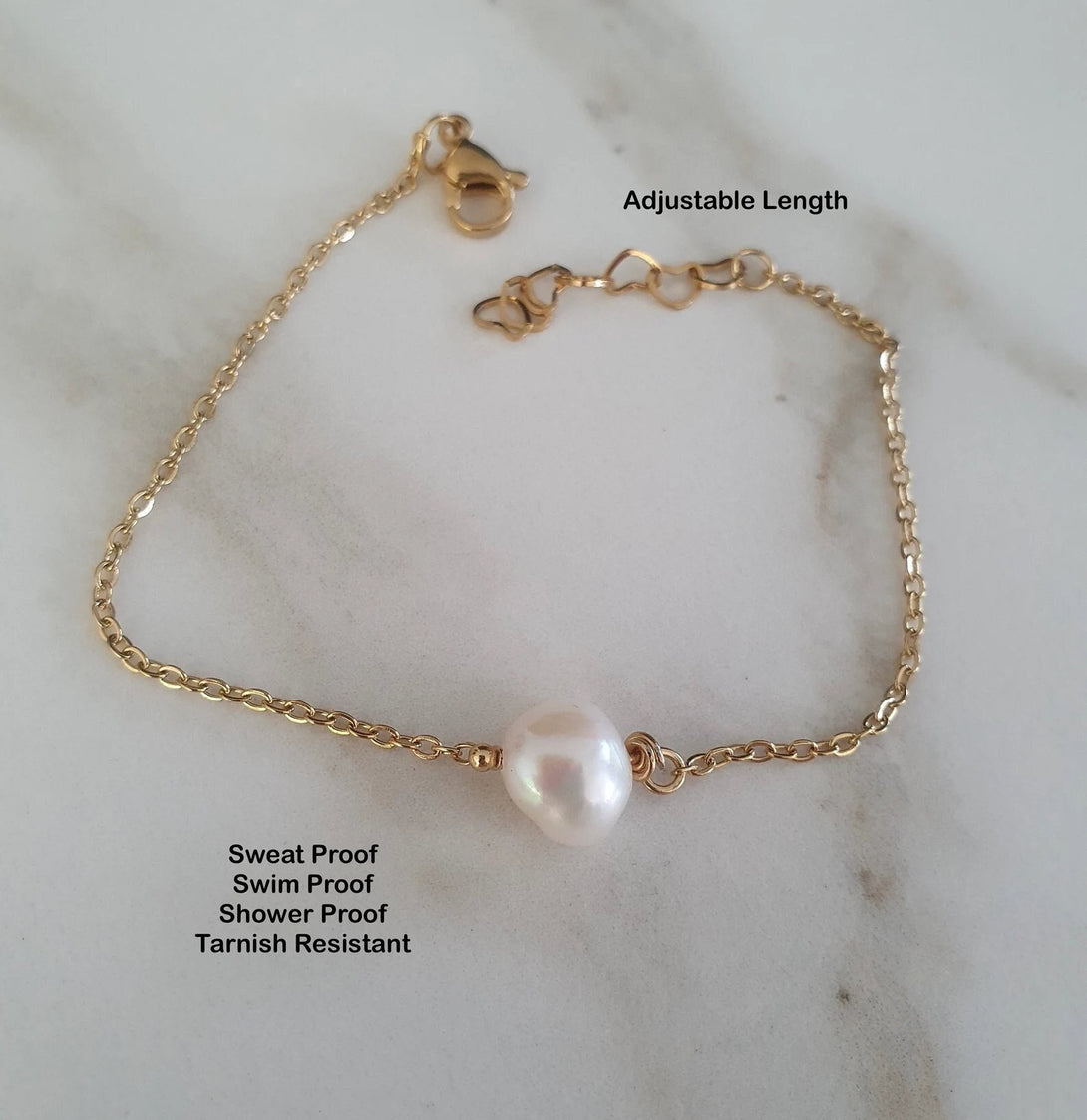 Dainty Single Pearl Bracelet - June Birthstone Jewellery in Silver or Gold - Adjustable Length