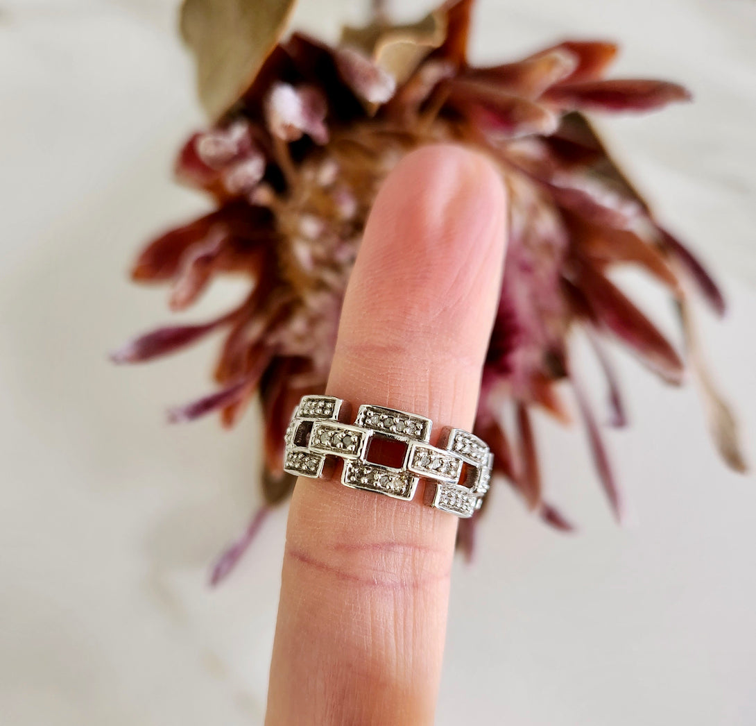 Diamond Chain Link Ring In Sterling Silver