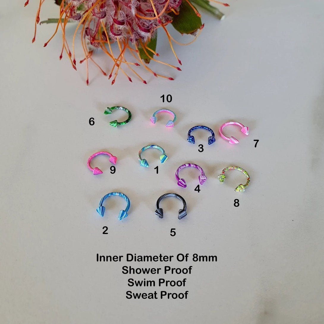 Colourful Rook, Horse Shoe Spike Piercing, Nose, Septum, Labret, Cartilage Body Piercing In Surgical Steel, 16G, 8MM