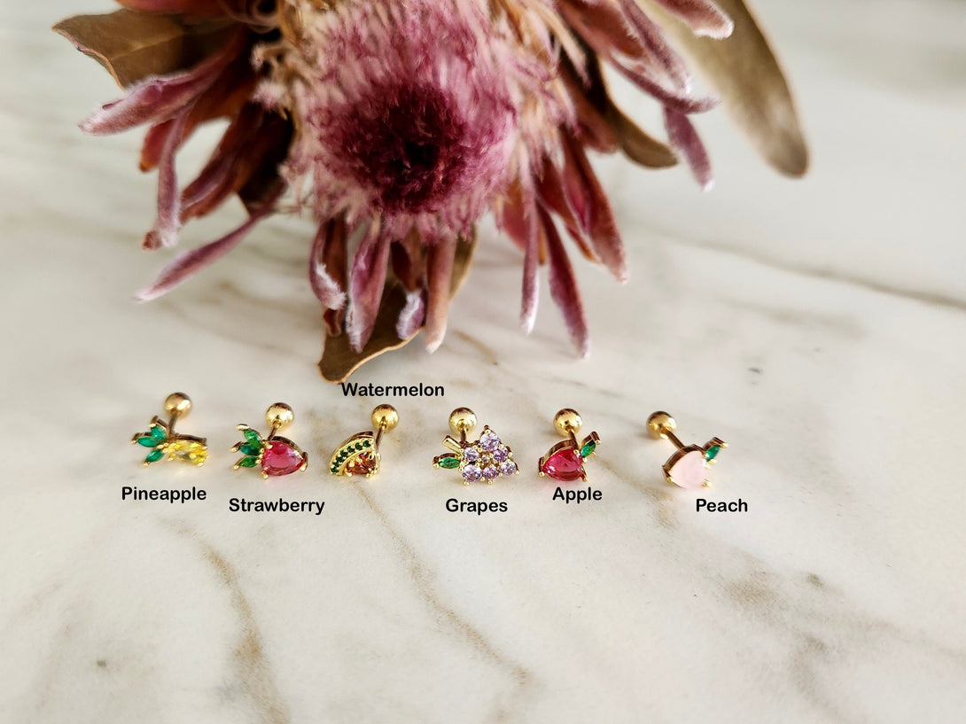 Fruit Stud Earrings, Screw Back Helix, Cartilage Tutti Frutti, Cartilage, Lobe, Multi Piercings, Single Stud