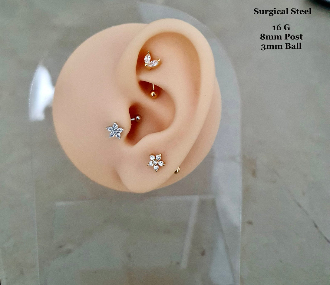 Flower Rook Piercing, Helix, Cartilage, Tragus, Eyebrow Curved Barbell, Surgical Steel And CZ, 16G, Daisy Jewellery