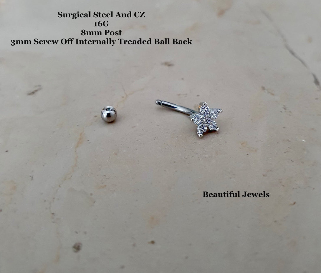 Flower Rook Piercing, Helix, Cartilage, Tragus, Eyebrow Curved Barbell, Surgical Steel And CZ, 16G, Daisy Jewellery