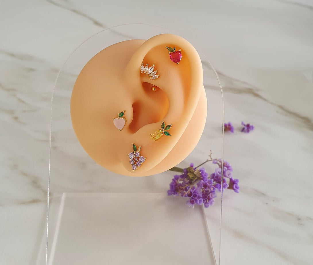 Pair Of Fruit Stud Earrings In Gold Plated Sterling Silver, Cartilage, Helix, Conch, Tragus, Colourful Tutti Frutti Earrings