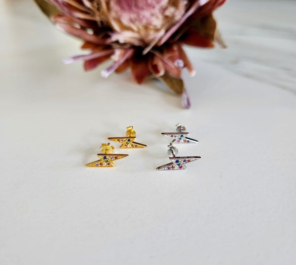 Rainbow Lightning Bolt Stud Earring - Sterling Silver or Gold Pride Jewellery, PAIR