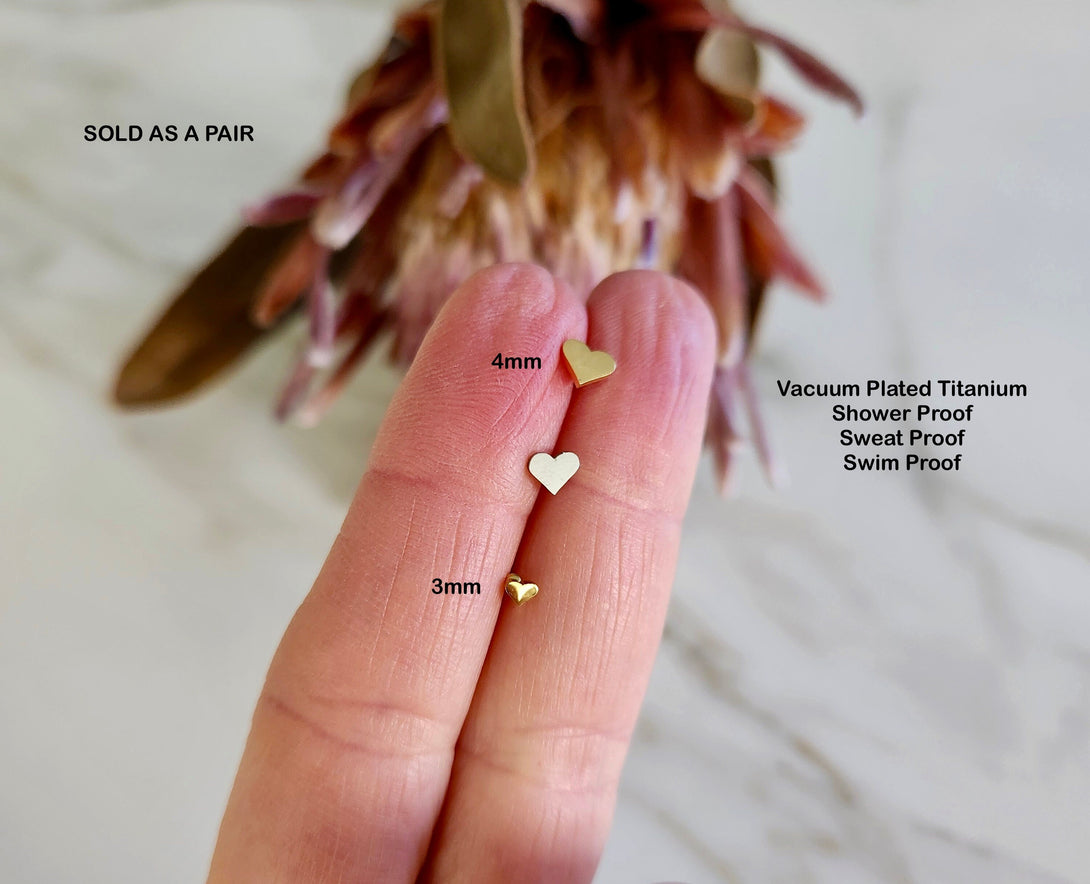 Minimalist Titanium Heart Stud Earrings - Tiny Gold/Silver Layered Jewellery, Swim Proof, Shower Proof, Sweat Proof