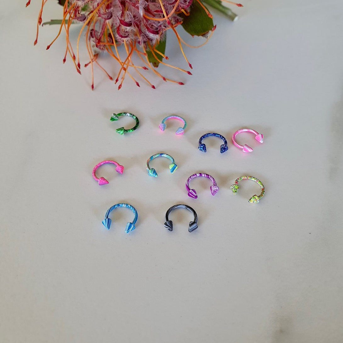 Colourful Rook, Horse Shoe Spike Piercing, Nose, Septum, Labret, Cartilage Body Piercing In Surgical Steel, 16G, 8MM