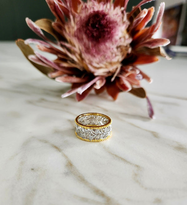 Sterling Silver & Yellow Gold Filigree Eternity Ring with Cubic Zirconia Accents