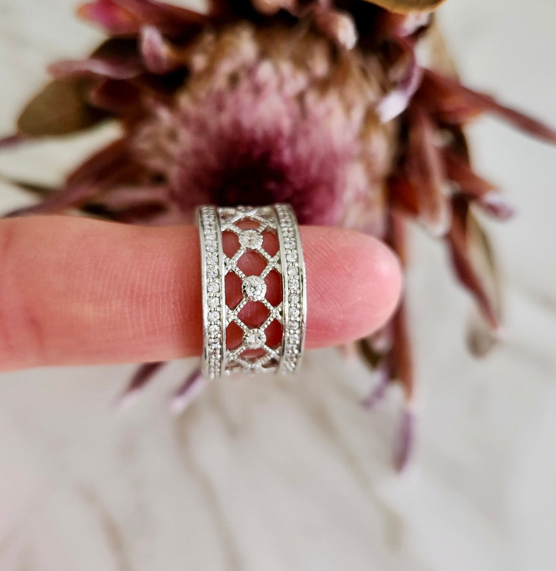 Sterling Silver Lattice Eternity Ring - Art Deco Style Statement Piece