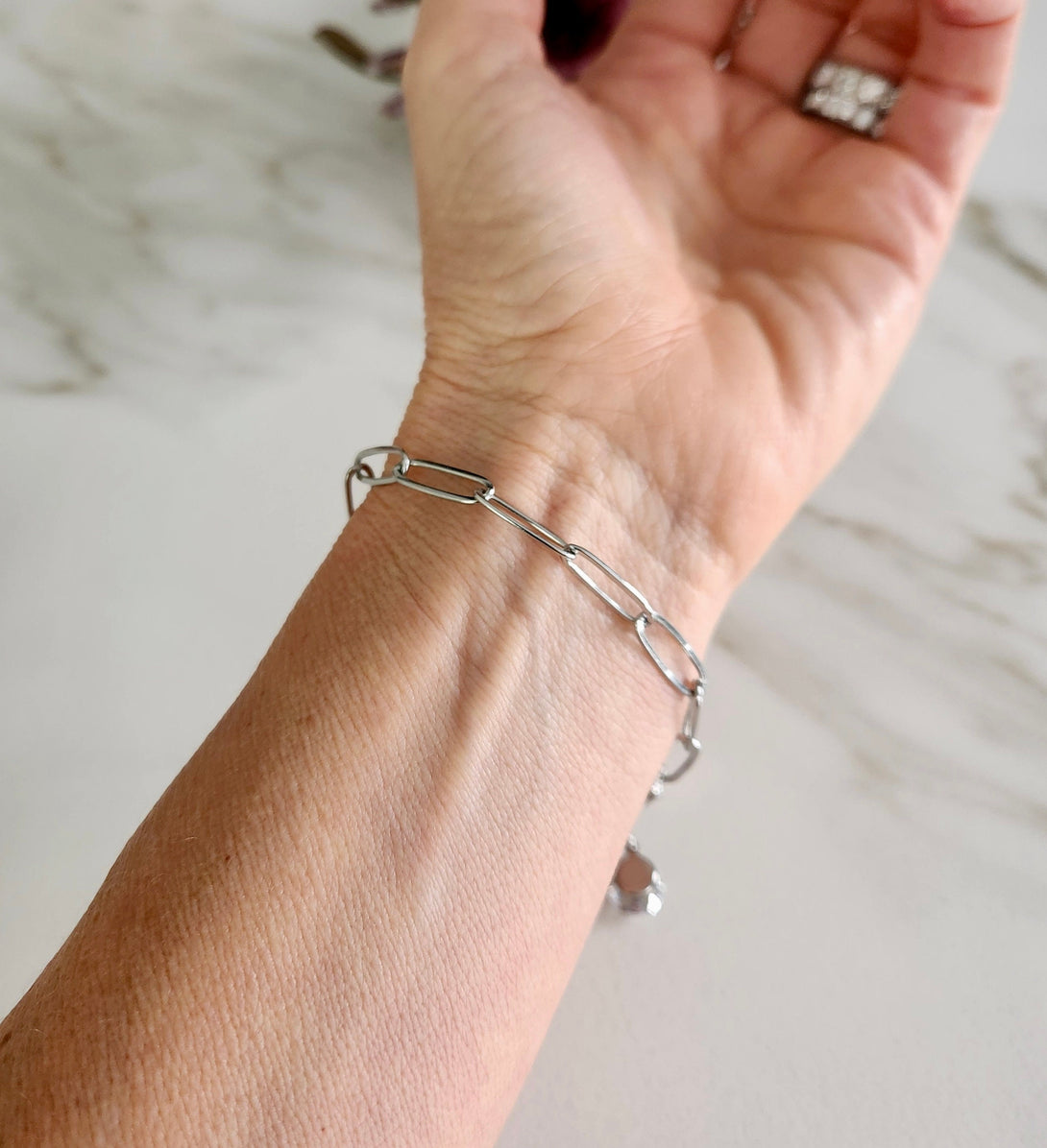 Geometric Paper Clip Link Chain Bracelet | Silver/Gold, CZ Drop Accent | Hypoallergenic Stainless Steel