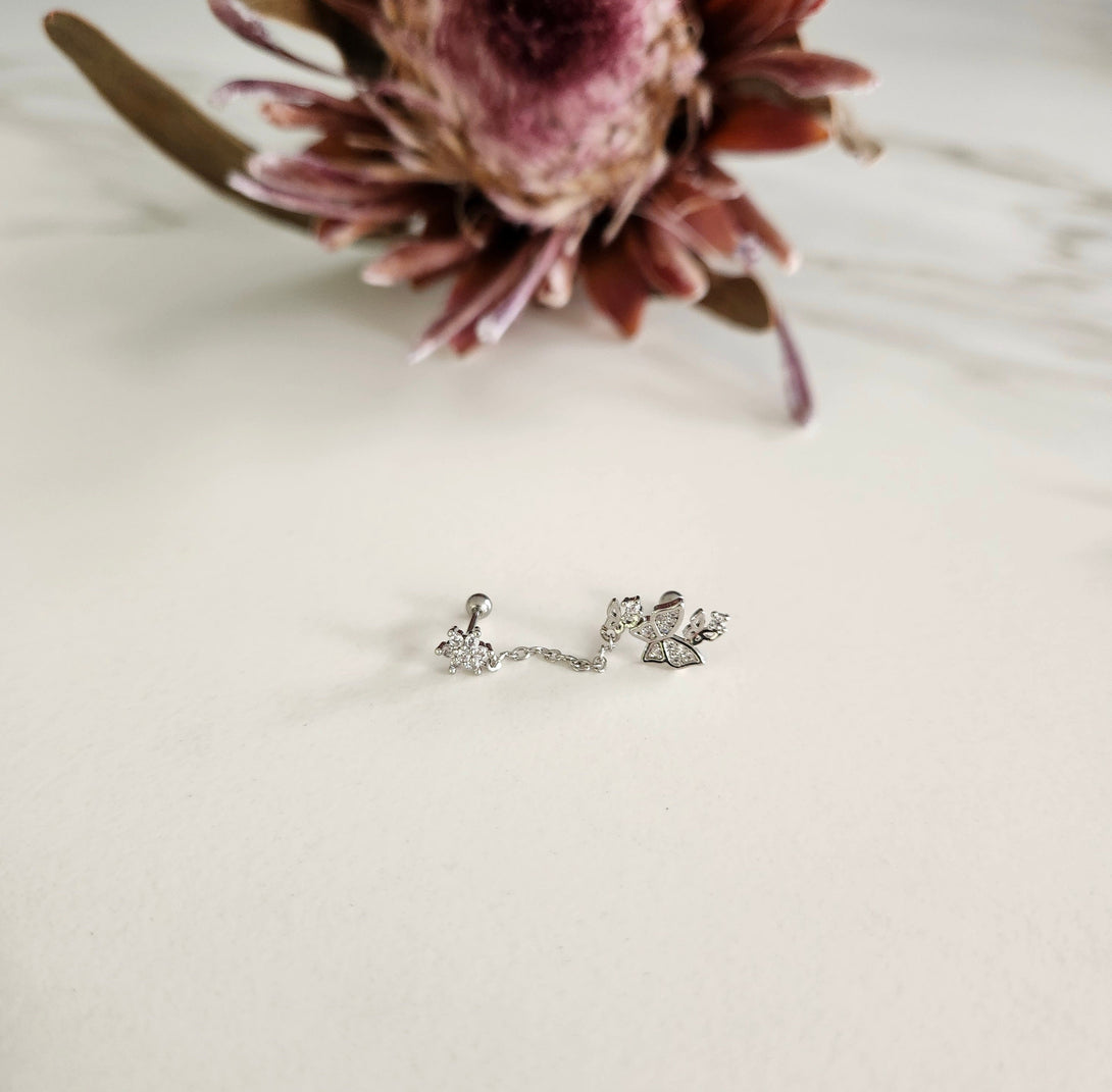 Single Linked Chain Double Daisy, Butterfly Screw Back Stud Earring In Titanium Steel And Zircon, April Birth Flower Jewellery