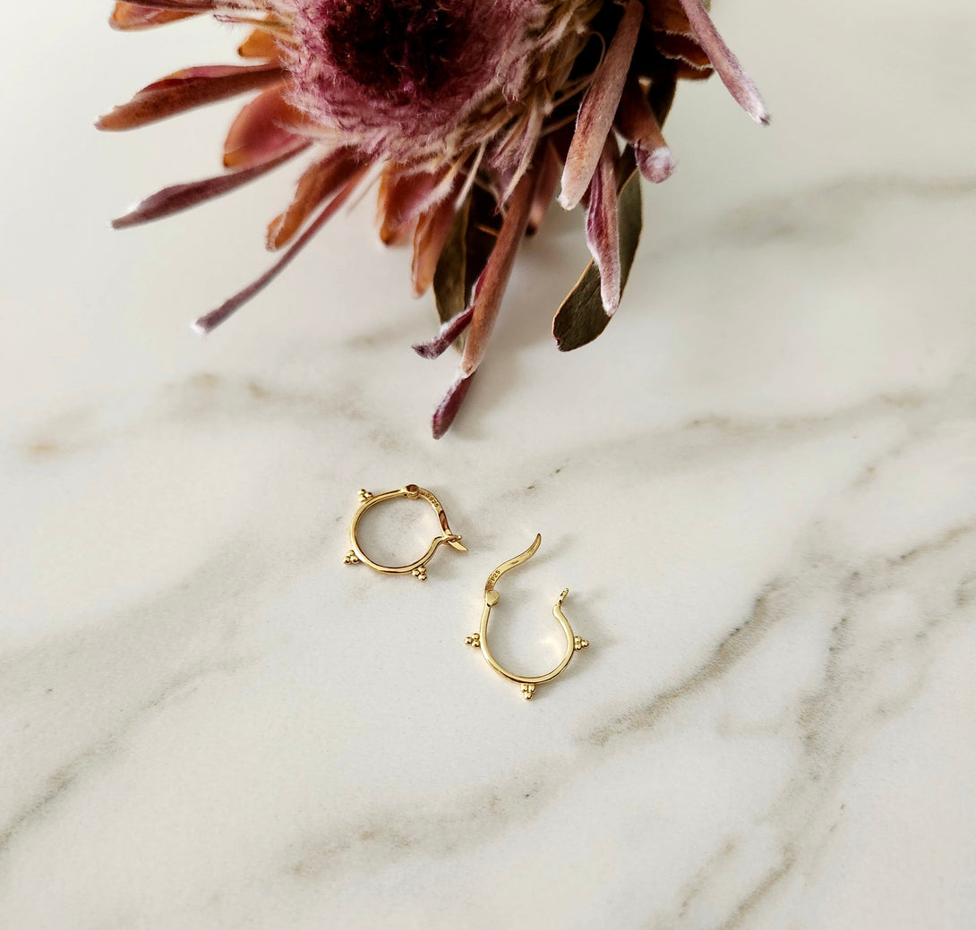 Gold Creole Hoop Earrings With Trinity Ball Stud Accents, Gold Plated Sterling Silver