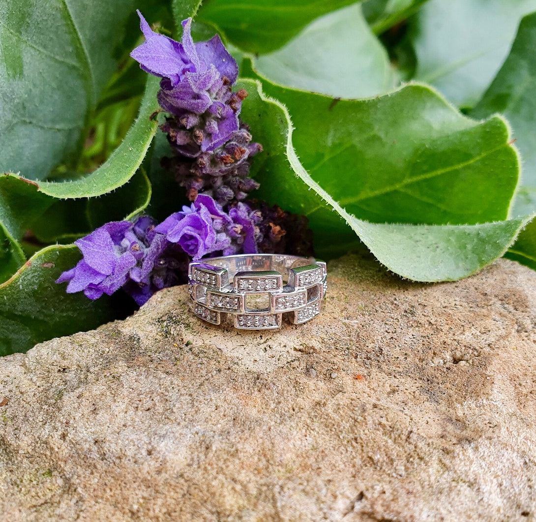 Diamond Chain Link Ring In Sterling Silver