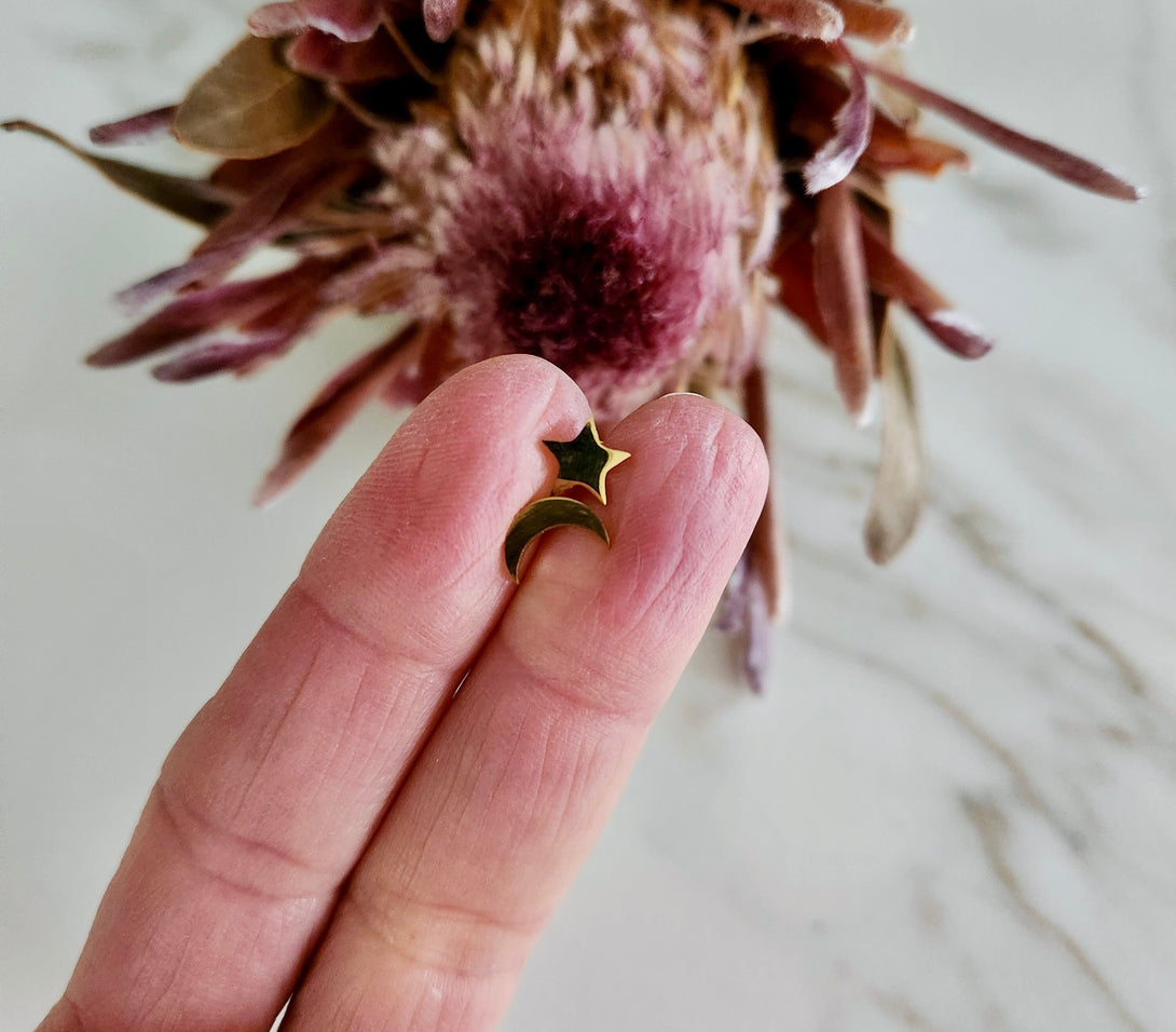 Hypoallergenic Star And Moon Stud Earrings, Asymmetrical Studs