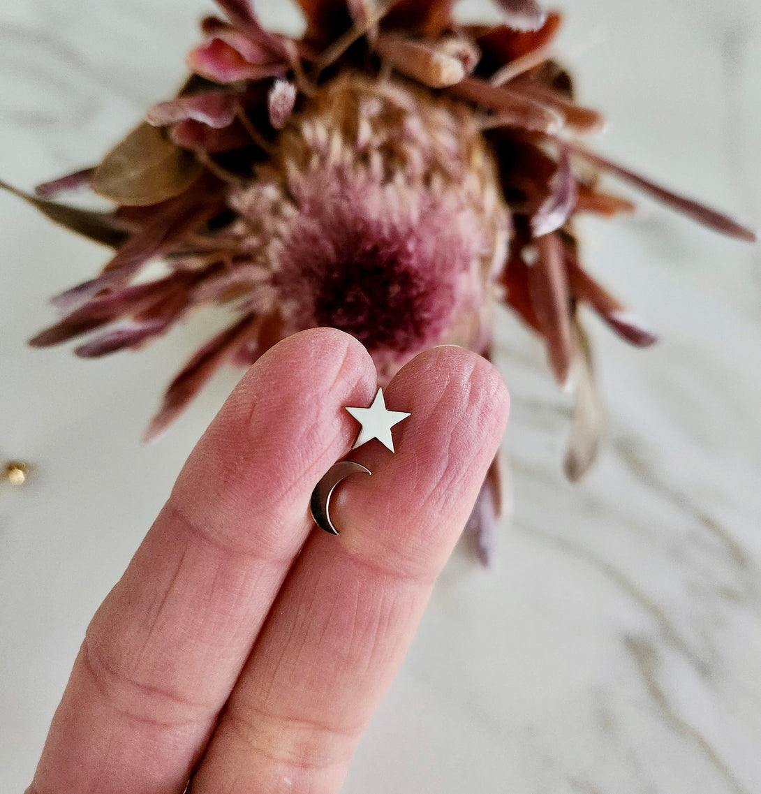 Hypoallergenic Star And Moon Stud Earrings, Asymmetrical Studs