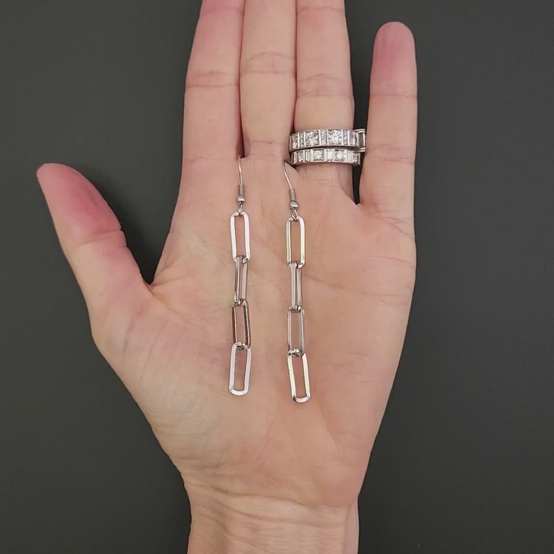 Modern Geometric Silver Paper Clip Link Chain Earrings | Hypoallergenic Stainless Steel