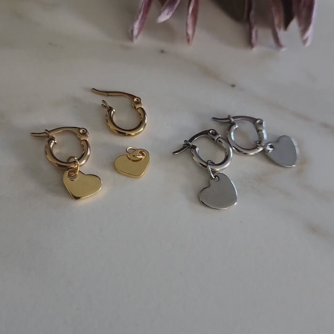 Titanium Detachable Heart Charm Hoop Earrings In Gold Or Silver, Pair Or Single